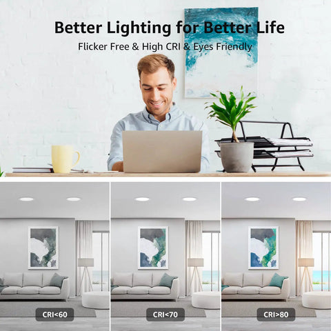 Man working on laptop under 6 Pack 4 Inch Canless LED Recessed Lights With Junction Box, Ultra Thin 5000K Daylight, Dimmable Downlights
