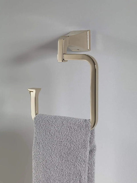 Dryden Towel Ring In Polished Nickel Finish Measures 7.75 By 6 By 3.5 Inches Extends 3.25 Inches From Wall With gray towel
