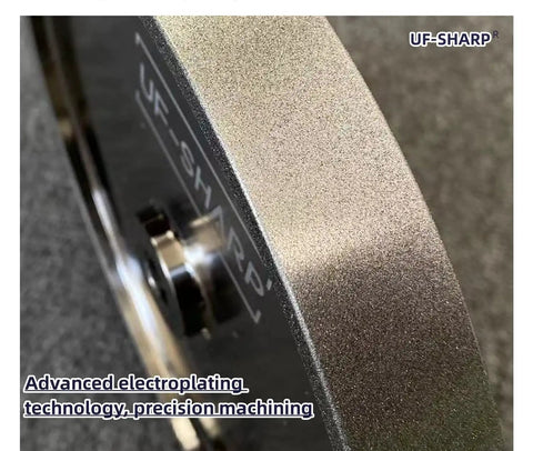 Close-up of 320 Grit Aluminum Core Grinding Wheel for Sharpening Woodturning Tools and High Speed Steel Tools with UF-SHARP logo