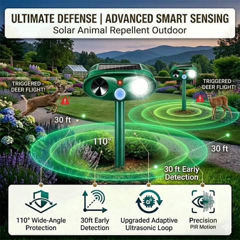 Ultrasonic Deer Repellent For Plants 4 Pack With Solar Power And Motion Sensor Strobe Light Outdoor Animal Deterrent Keeps Deer Rabbits Cats Raccoons And Squirrels Out Of Your Yard And Garden, shown in garden