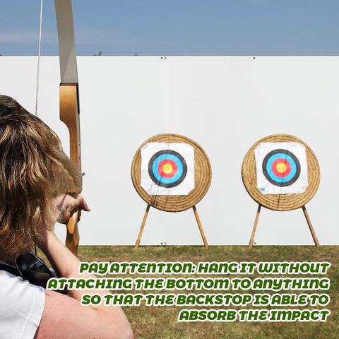 Archer aiming at two targets with 5x5 Ft Archery Backstop Netting Arrow Catcher for Bow Training in outdoor setting