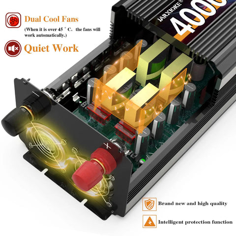 Top Notch 4000 Watt Power Inverter Juices Up Your Rig Converting 12V Dc To 110 Or 120V Ac For Rvs Cars And Off Grid Solar Builds With Wireless Remote Smart Lcd And Fast Charge Ports, showcasing internal components and dual cool fans.