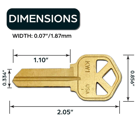 Premium Brass Kw1 Uncut Key Blanks Pack Of 50 with dimensions, durable brass construction, shown in detail for professional use.