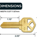 Kwikset KW1 Uncut Brass Key Blanks For Home And Pro Use Pack Of 10 with dimensions highlighted