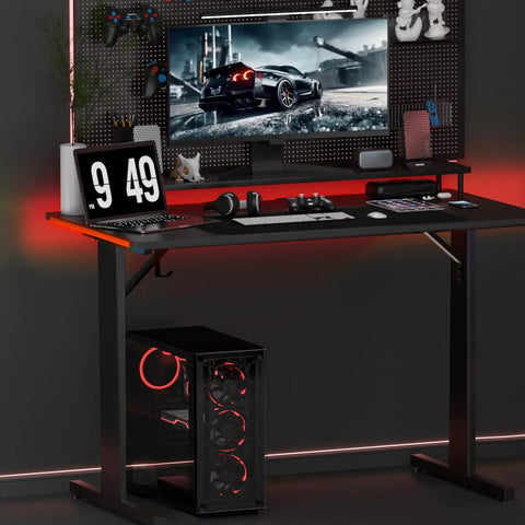 55 Inch Gaming Desk With LED Lights And Large Mouse Pad For Home Office, T Shaped Carbon Fiber Surface PC Game Workstation With Headphone Hook