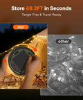 Comparison of Solar Camping String Lights with Built In 5400mAh Power Bank USB Charger For Phone Outdoors Indoor 50 Ft Of Fairy Tent Lights 11 Modes Portable LED Lamp for tidy storage versus tangled cords.