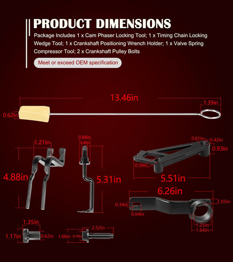 Dimensions and components of Ford Timing Belt Tools Set for 4.6L 5.4L and 6.8L 3V Engines