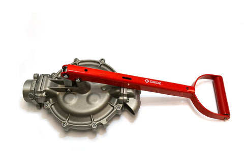 This Heavy Duty Double Diaphragm Hand Fuel Transfer Pump with red handle and metal casing for easy fuel transfers.