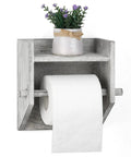 Rustic White Wood Wall Mounted Toilet Paper Holder With Storage Shelf Vintage Style Paper Roll Rack with flower pot