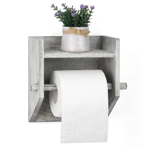 Rustic White Wood Wall Mounted Toilet Paper Holder With Storage Shelf Vintage Style Paper Roll Rack with flower pot