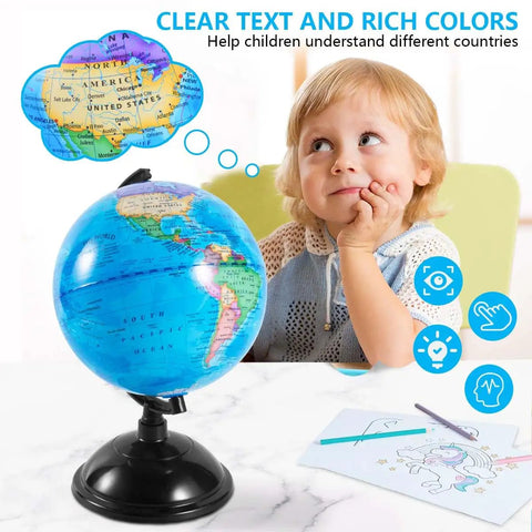 8 Inch World Globe With Stand Rotating Earth Spinning Globe For Kids Geography Classroom Education Or Decorations Blue Kid Friendly Durable Plastic Model on table with child thinking