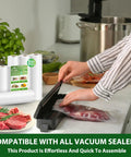 Person sealing meat using Durable Multi Layer BPA Free Vacuum Sealer Bags Rolls Set With Three 11 Inch By 20 Foot And Three 8 Inch By 20 Foot Rolls
