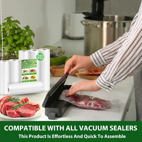 Person sealing meat using Durable Multi Layer BPA Free Vacuum Sealer Bags Rolls Set With Three 11 Inch By 20 Foot And Three 8 Inch By 20 Foot Rolls