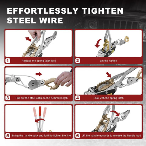 Beefy Hand Winch For Quick Lifts And Tough Pulls 2 Ton Capacity With Dual Gear System 11ft Steel Cable And Two Drop Forged Hooks Portable Come Along Winch For Auto Recovery Construction And Outdoor Jobs, step-by-step use