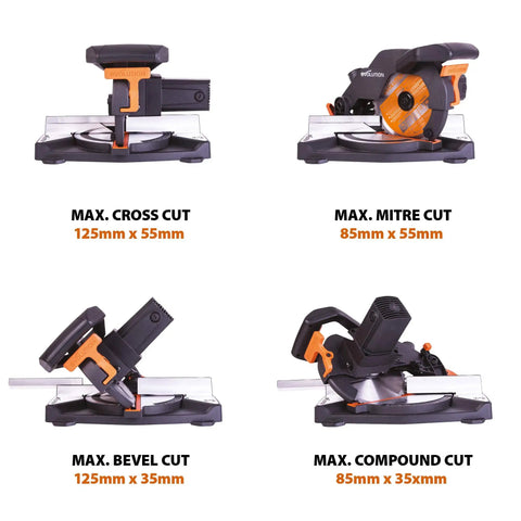 Compact 8-1/4 Inch Compound Miter Saw With 1200W Power, Multi Material Cutting Blade, showing cross, mitre, bevel, compound cuts