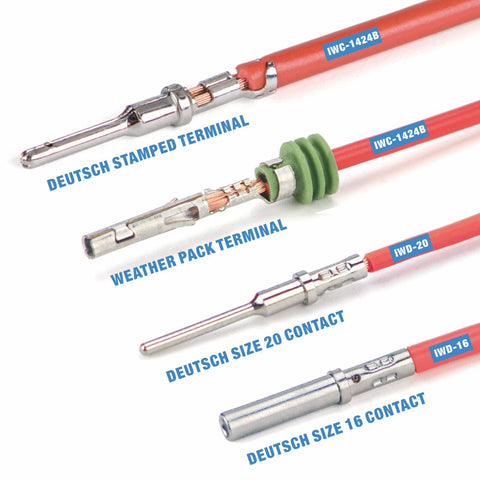Close-up of DC02 8 Piece Wire Crimp Kit For Deutsch Connectors And Weather Pack Terminals showing various terminal contacts.
