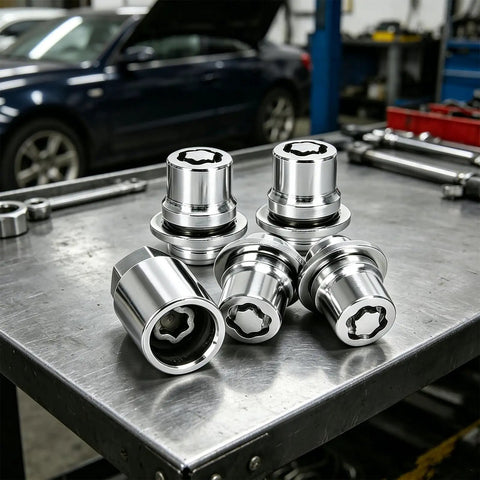 Beefy Anti Theft Wheel Lock Lug Nuts, M12 X 1.5 Chrome Plated Security Fasteners With Custom Cut Key, Four Piece Set displayed on a workbench.