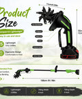 2 In 1 Cordless Tiller And Cultivator For Gardens And Lawns with extension rod, dimensions and features highlighted on image.