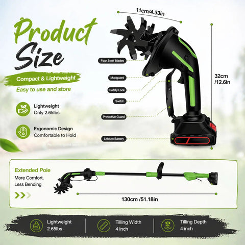 2 In 1 Cordless Tiller And Cultivator For Gardens And Lawns with extension rod, dimensions and features highlighted on image.