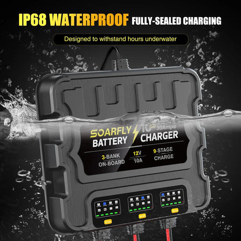 Beefy Three Bank Marine Battery Charger 12V 30A Waterproof Onboard Boat Charger Battery Maintainer And Desulfator For SLA AGM LiFePO4 Calcium And Deep Cycle Batteries