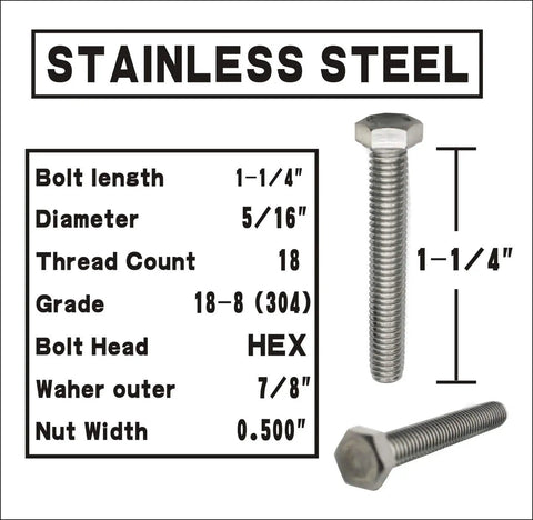 Stainless Steel Hex Head Screws Bolts Nuts Kit With Fender Flat Washers And Spring Lock Washers 5/16-18 X 1-1/4 Inch Fully Threaded 10 Sets 304 Stainless 18-8 Includes Nuts For Automotive And Machinery Projects DIY Ready