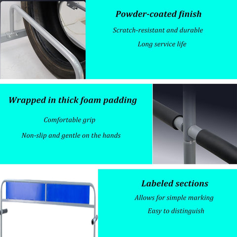 Heavy Duty Metal Tire Storage Rack With Swivel Casters shows padded handles and labeled sections for easy tire organization.
