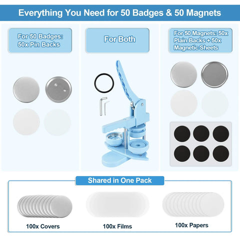 2 In 1 Button And Magnet Maker Machine Kit 58mm DIY Badge And Fridge Magnet Creator Bundle With 50 Badge Parts And 50 Magnet Making Supplies For Easy Custom Badges At Home, blue press machine with 58mm parts