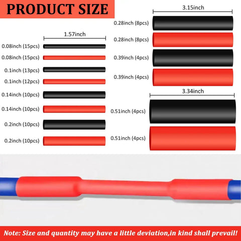 127 Piece Heat Shrink Tubing Kit For Electrical Connections And Cable Repair product size and color variety chart