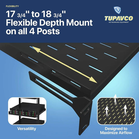Heavy Duty 1U Server Rack Shelf 3 Pack Featuring Four Post Mount Tray Compatible With Standard 19 Inch Racks showing flexible depth mount design.