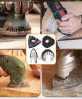 Oscillating Tool Sanding Pads Kit 208Pcs with sanders and pads on wood and metal, showing detailed sanding tools and applications.
