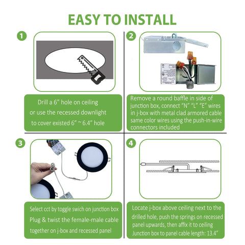 Installation guide for Recessed Ultra Thin No Hassle Canless 6 Inch LED Ceiling Light Kit Black Trim Dimmable Retrofit With Junction Box 5 CCT