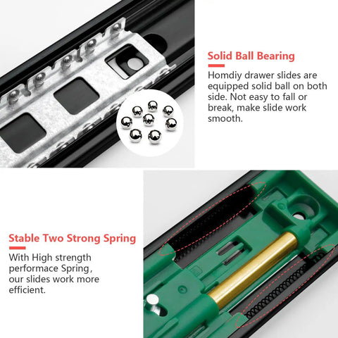 Close-up of 22 Inch Full Extension Ball Bearing Drawer Slides with Soft Close in black and green showing solid ball bearing and strong spring.