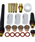 Pro Grade TIG Welding Torch Kit With Quartz Nozzle And Clear Glass Cups, Short Wedge Collet, 040 Inch, 1/16 Inch, 3/32 Inch, 1/8 Inch Tungsten Adapter, Gas Saver, 21-Piece Set For Standard Torch Bodies, Improves Gas Coverage And Weld Visibility. Displayed are components including a black torch body, quartz nozzle, clear glass cups, brass adapters, and copper collets.