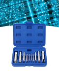 Ultimate 10 Pcs Screw Tap Extractor Set For Easy Removal of Stripped Bolts Damaged Taps And Seized Fasteners Ideal For Industrial Automotive Repair Jobs That Need Quick Gripping Power To Fix Messy Hardware Without Causing More Damage. blue case with 10 alloy steel extractor tools