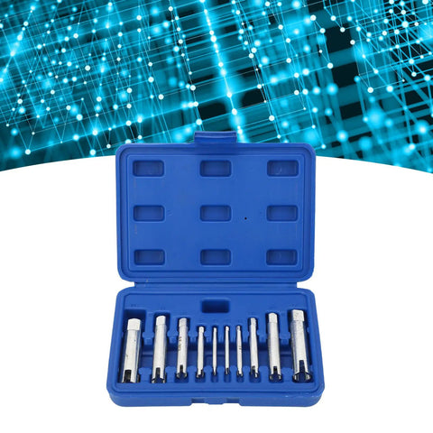 Ultimate 10 Pcs Screw Tap Extractor Set For Easy Removal of Stripped Bolts Damaged Taps And Seized Fasteners Ideal For Industrial Automotive Repair Jobs That Need Quick Gripping Power To Fix Messy Hardware Without Causing More Damage. blue case with 10 alloy steel extractor tools