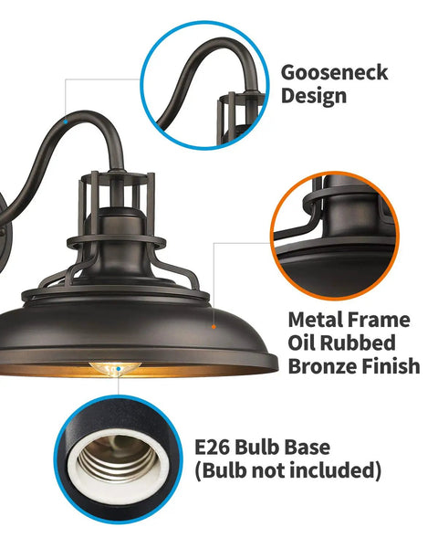 Close-up of Oil Rubbed Bronze Barn Light Fixture With Hammered Metal Shade Vintage Farmhouse Outdoor Wall Sconce features.