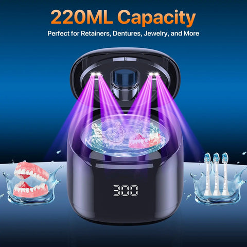 49KHz Ultrasonic Retainer Cleaner Pod With 220ML Capacity Digital Timer Deep Cleaning For Dentures Night Guards Braces Aligners Toothbrushes Black