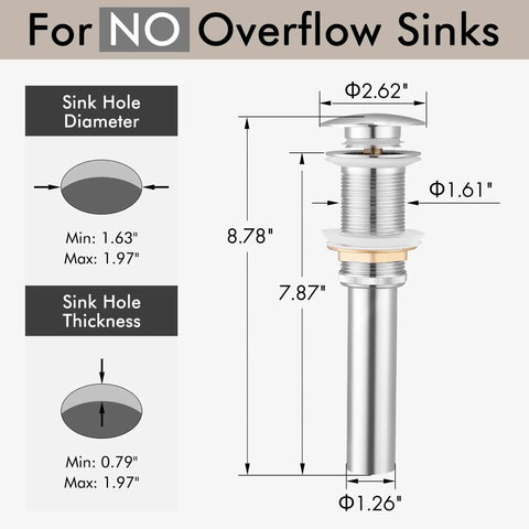 Diagram of All Metal Rustproof Pop Up Bathroom Sink Drain For 1.6 To 1.9 Inch Sink Hole, showing measurements and no overflow option.