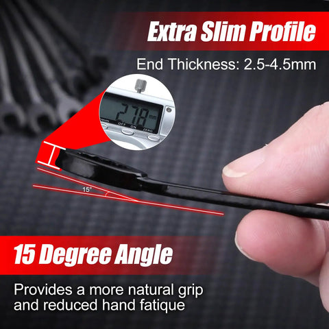 Close-up of thin wrench from Mini SAE Ten Piece Wrench Set With Open End And Box End Wrenches, showing 15-degree angle.