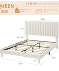 Dimensions of the queen platform bed frame; plush velvet upholstery; three level adjustable tufted headboard.