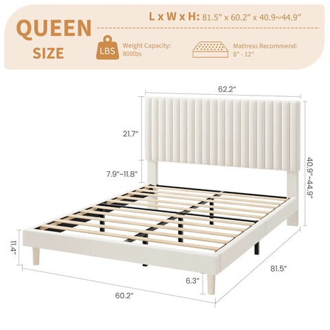 Dimensions of the queen platform bed frame; plush velvet upholstery; three level adjustable tufted headboard.