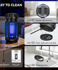 Outdoor And Indoor Bug Zapper With Replaceable 20W Bulb 4200V Mosquito And Fly Killer For Half Acre Coverage IPX4 Waterproof Insect Trap, steps for easy cleaning including rotating and removing tray, brushing debris, and rinsing under tap.