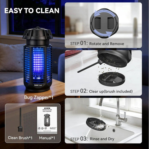 Outdoor And Indoor Bug Zapper With Replaceable 20W Bulb 4200V Mosquito And Fly Killer For Half Acre Coverage IPX4 Waterproof Insect Trap, steps for easy cleaning including rotating and removing tray, brushing debris, and rinsing under tap.