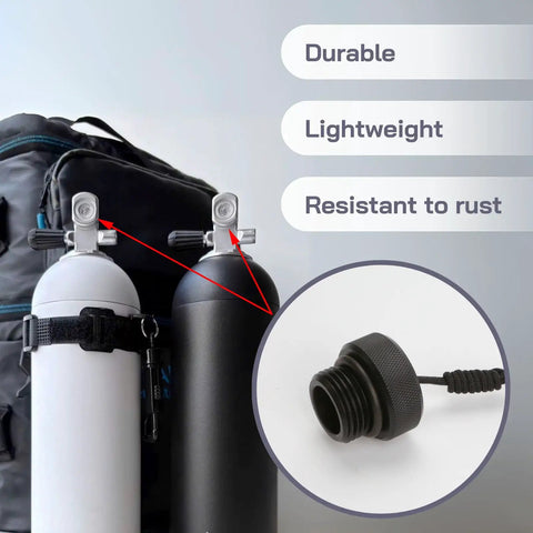 Scuba DIN Plug Dust Cap For First Stage Regulator With Cord Valve Protector Black Plastic Cover next to diving cylinders
