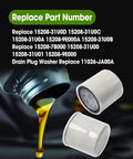 Image of an oil filter with flowing oil and part numbers for Six Pack Engine Oil Filter 15208 9E01A With Washer
