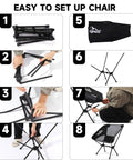 Step-by-step setup guide for folding chair from All In One Camping Backpack Table Kit With Aviation Aluminum Frame, Ultra Portable.