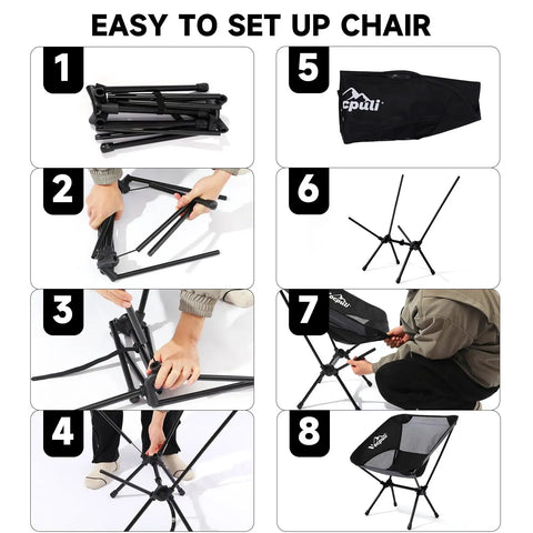 Step-by-step setup guide for folding chair from All In One Camping Backpack Table Kit With Aviation Aluminum Frame, Ultra Portable.