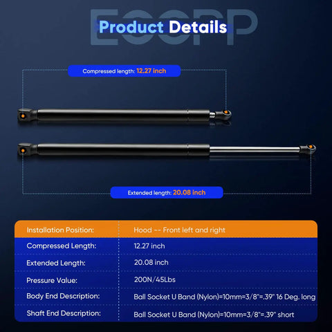 Front Hood Lift Supports Gas Springs For Lexus RX 350 2010 2011 2012 2013 2014 2015 And RX 450H 2010 2011 2012 2013 2014 2015 Replacement Set Of 2 Compatible With 6755 PM3269 SG229046 High Durability Easy Install, showing compressed and extended lengths with specifications