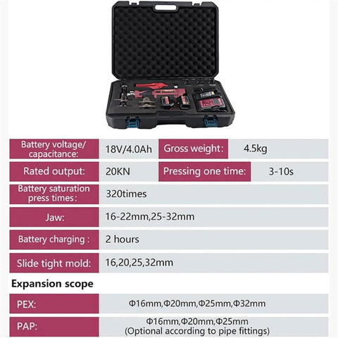 Pex Expansion Tool Kit With 16 To 32mm Expander Heads, Hard Carry Case, Tube Expander For Pex Tubing And Aluminum Plastic Tubes displayed open with tools.