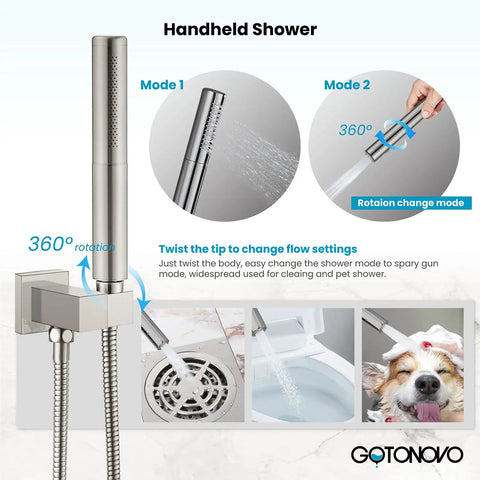 Chrome Polished Shower Faucet Set With 12 Inch Square Rainfall Showerhead, Wall Mount System, 2 In 1 Cylindrical Handheld Shower